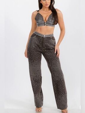 Black Studded Straight-Leg Pants Set with Sparkle Detail